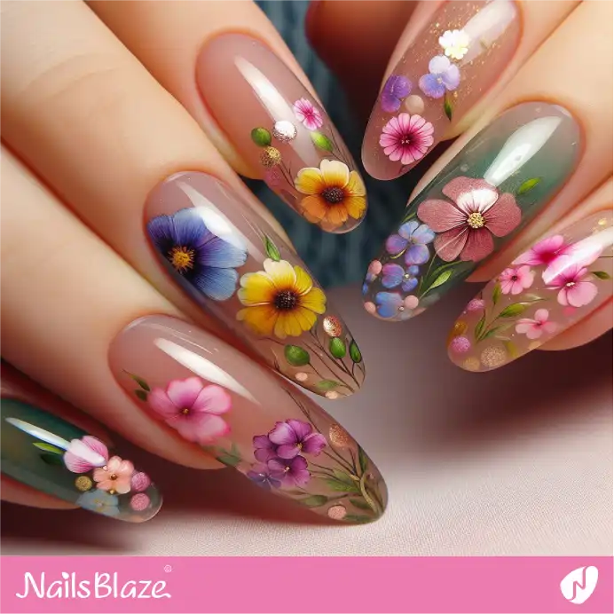 Glossy Nails Watercolor Flowers Design | Paint Nail Art - NB2251